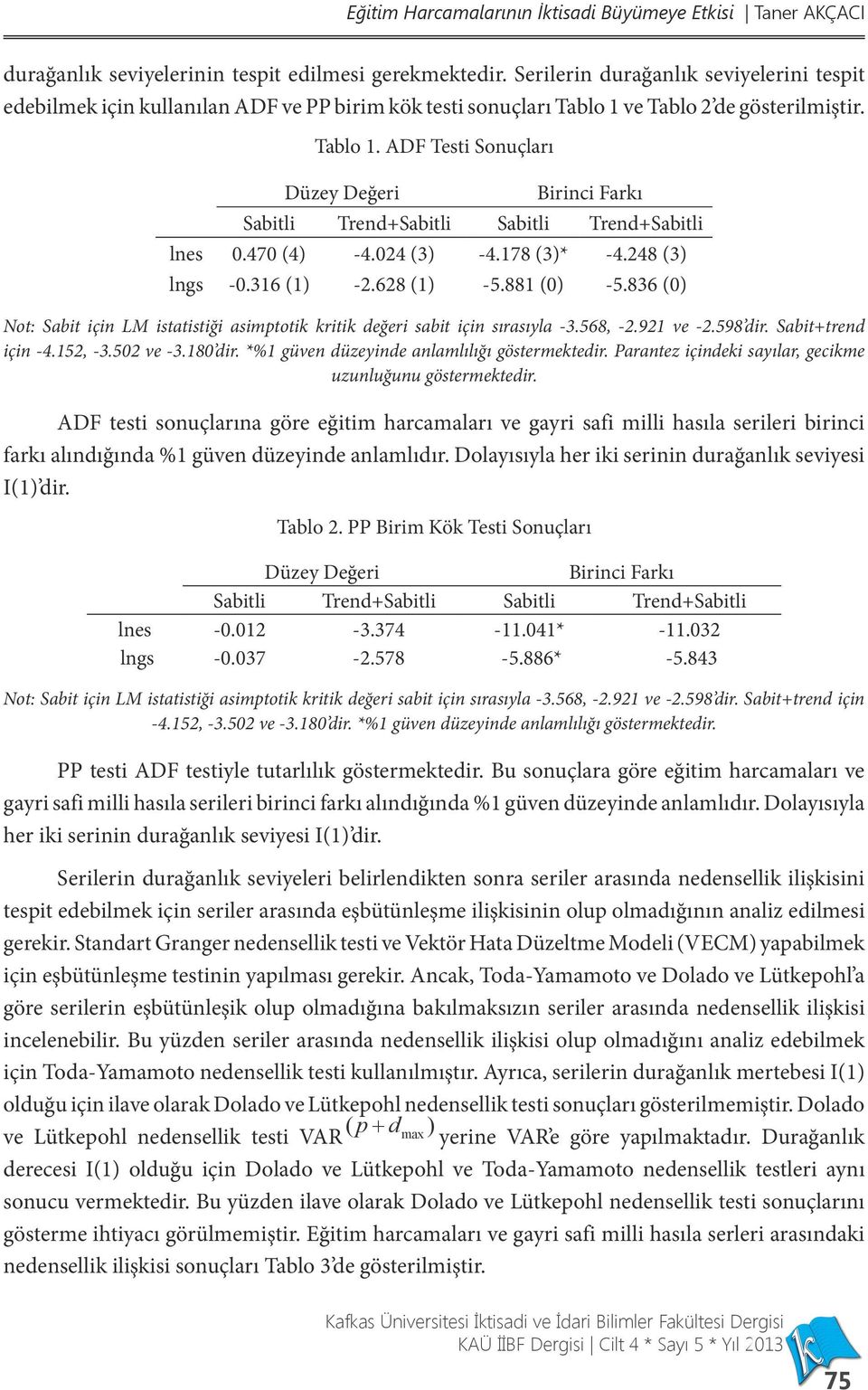 ve Tablo 2 de gösterilmiştir. Tablo 1. ADF Testi Sonuçları Düzey Değeri Birinci Farkı Sabitli Trend+Sabitli Sabitli Trend+Sabitli lnes 0.470 (4) -4.024 (3) -4.178 (3)* -4.248 (3) lngs -0.316 (1) -2.