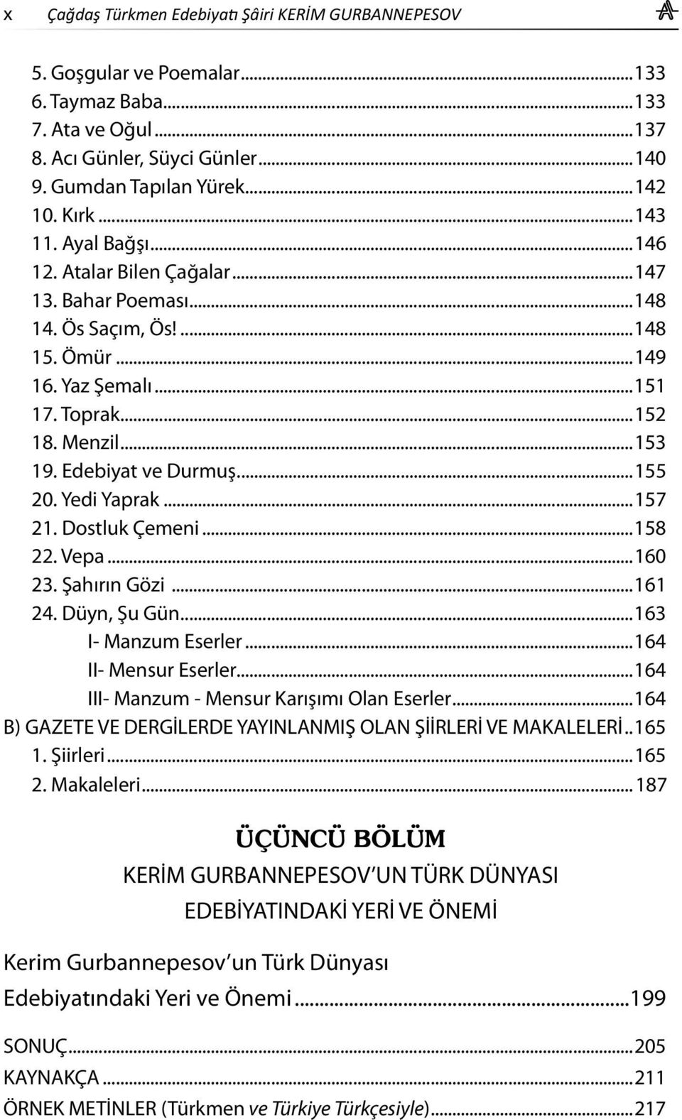 ..155 20. Yedi Yaprak...157 21. Dostluk Çemeni...158 22. Vepa...160 23. Şahırın Gözi...161 24. Düyn, Şu Gün...163 I- Manzum Eserler...164 II- Mensur Eserler.