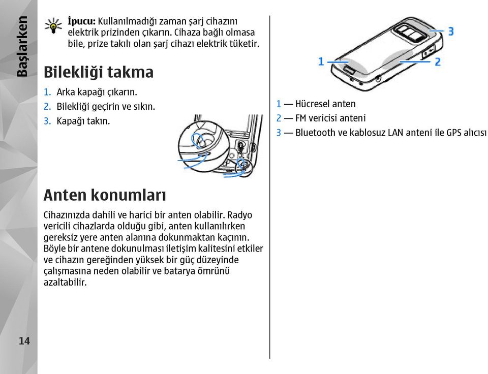 1 Hücresel anten 2 FM vericisi anteni 3 Bluetooth ve kablosuz LAN anteni ile GPS alıcısı Anten konumları Cihazınızda dahili ve harici bir anten olabilir.