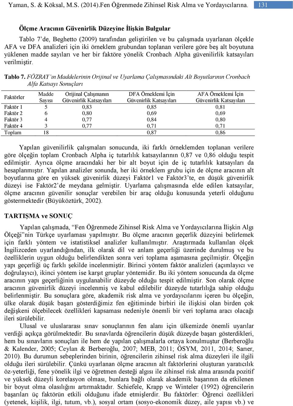 toplanan verilere göre beş alt boyutuna yüklenen madde sayıları ve her bir faktöre yönelik Cronbach Alpha güvenilirlik katsayıları verilmiştir. Tablo 7.