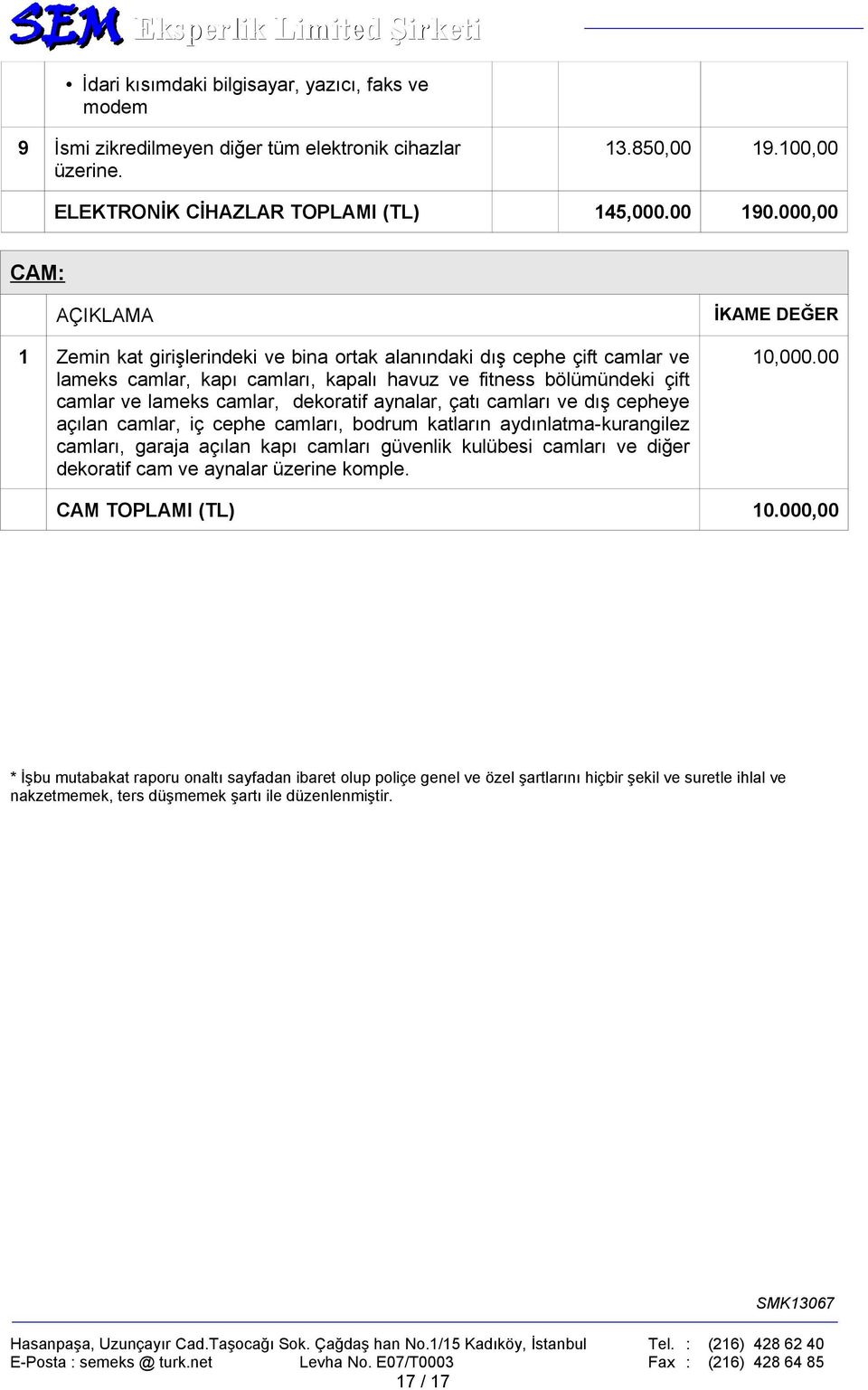 dekoratif aynalar, çatı camları ve dış cepheye açılan camlar, iç cephe camları, bodrum katların aydınlatma-kurangilez camları, garaja açılan kapı camları güvenlik kulübesi camları ve diğer dekoratif