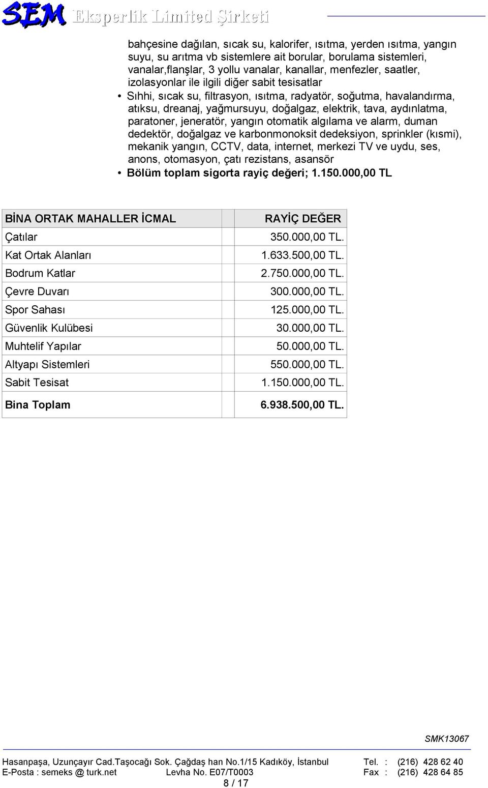 jeneratör, yangın otomatik algılama ve alarm, duman dedektör, doğalgaz ve karbonmonoksit dedeksiyon, sprinkler (kısmi), mekanik yangın, CCTV, data, internet, merkezi TV ve uydu, ses, anons,