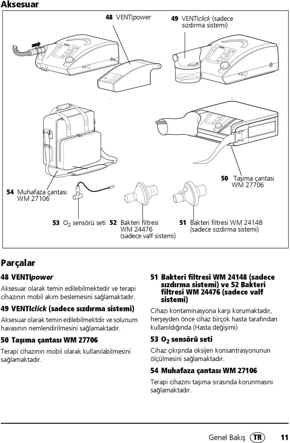 49 VENTIclick (sadece sızdırma sistemi) Aksesuar olarak temin edilebilmektdir ve solunum havasının nemlendirilmesini sağlamaktadır.