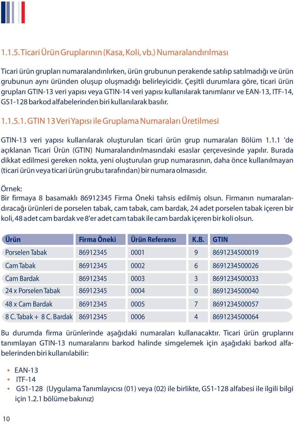 Çe itli durumlara göre, ticari ürün gruplar GTIN-13 veri yap s veya GTIN-14 veri yap s kullan larak tan mlan r ve EAN-13, ITF-14, GS1-128 barkod alfabelerinden biri kullan larak bas l r. 1.1.5.1. GTIN 13 Veri Yap s ile Gruplama Numaralar Üretilmesi GTIN-13 veri yap s kullan larak olu turulan ticari ürün grup numaralar Bölüm 1.