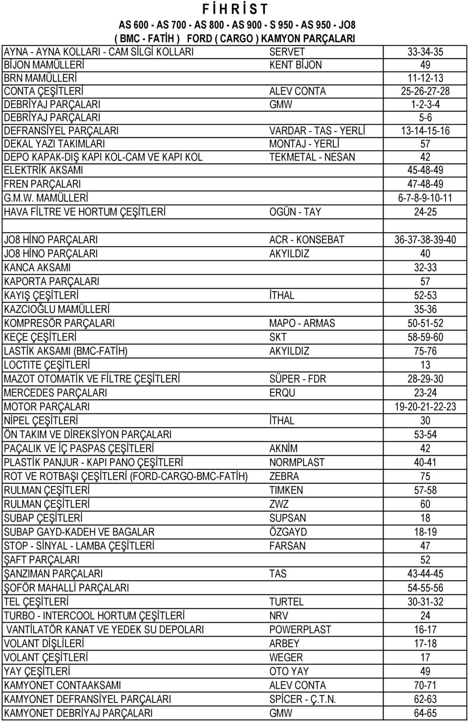 TAKIMLARI MONTAJ - YERLİ 57 DEPO KAPAK-DIŞ KAPI KOL-CAM VE KAPI KOL TEKMETAL - NESAN 42 ELEKTRİK AKSAMI 45-48-49 FREN PARÇALARI 47-48-49 G.M.W.