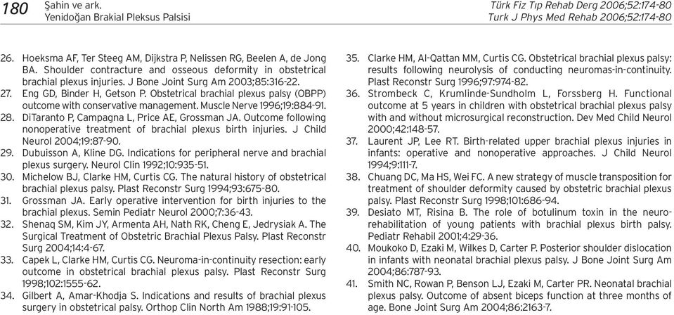 Obstetrical brachial plexus palsy (OBPP) outcome with conservative management. Muscle Nerve 1996;19:884-91. 28. DiTaranto P, Campagna L, Price AE, Grossman JA.