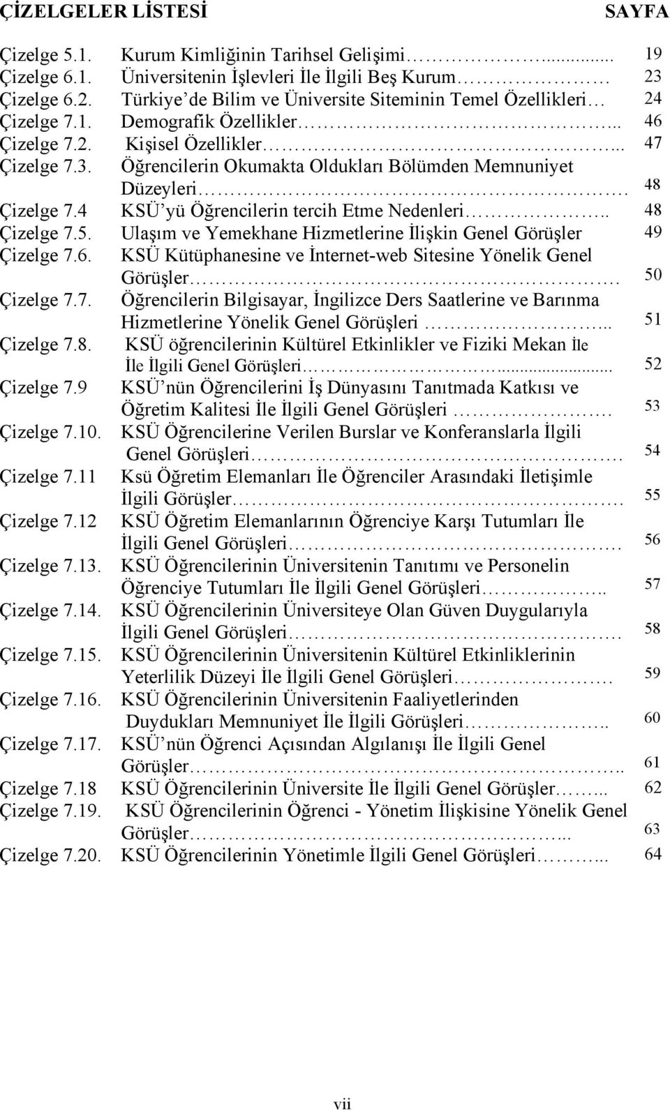 Öğrencilerin Okumakta Oldukları Bölümden Memnuniyet Düzeyleri. 48 Çizelge 7.4 KSÜ yü Öğrencilerin tercih Etme Nedenleri.. 48 Çizelge 7.5.