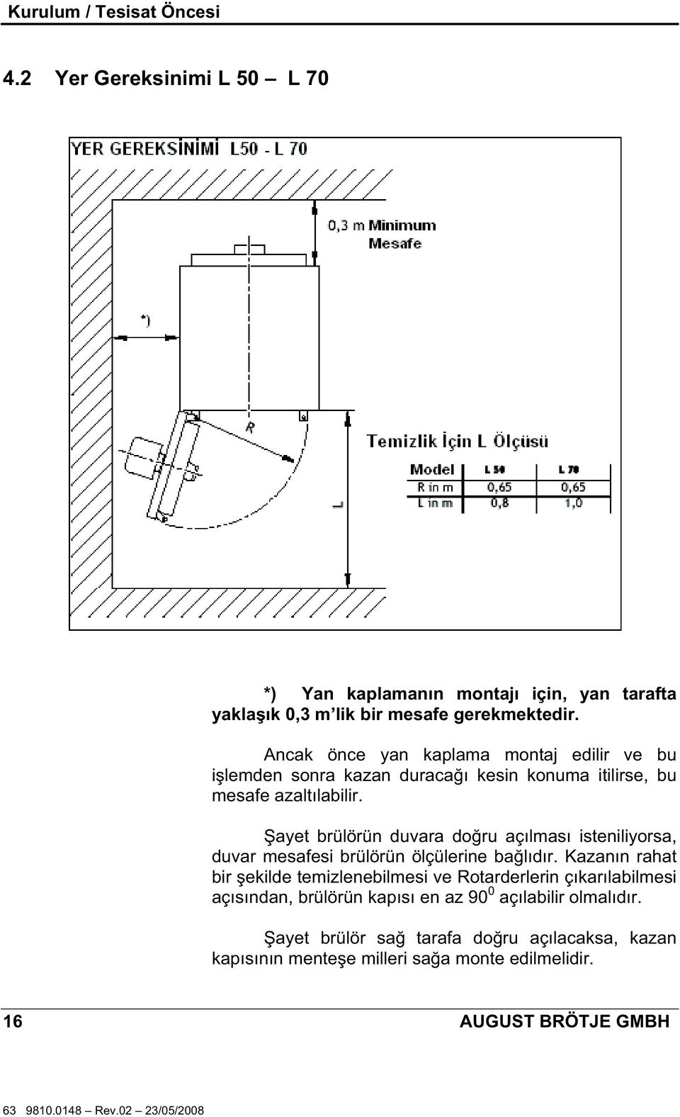 ayet brülörün duvara do ru açılması isteniliyorsa, duvar mesafesi brülörün ölçülerine ba lıdır.