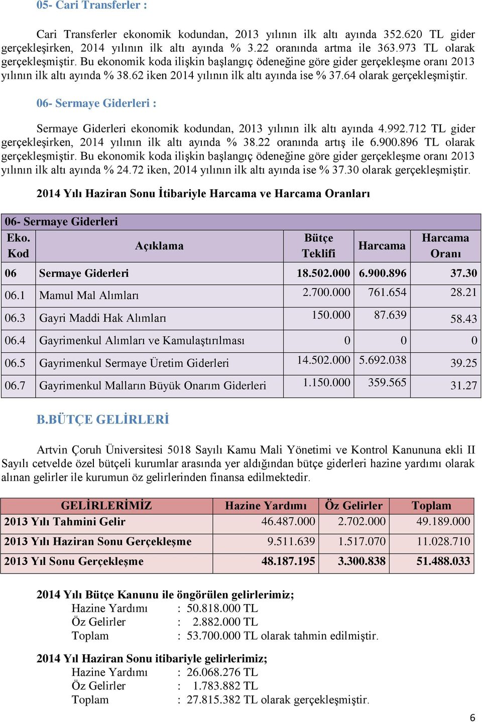 64 olarak gerçekleşmiştir. 06- Sermaye Giderleri : Sermaye Giderleri ekonomik kodundan, 2013 yılının ilk altı ayında 4.992.712 TL gider gerçekleşirken, 2014 yılının ilk altı ayında % 38.