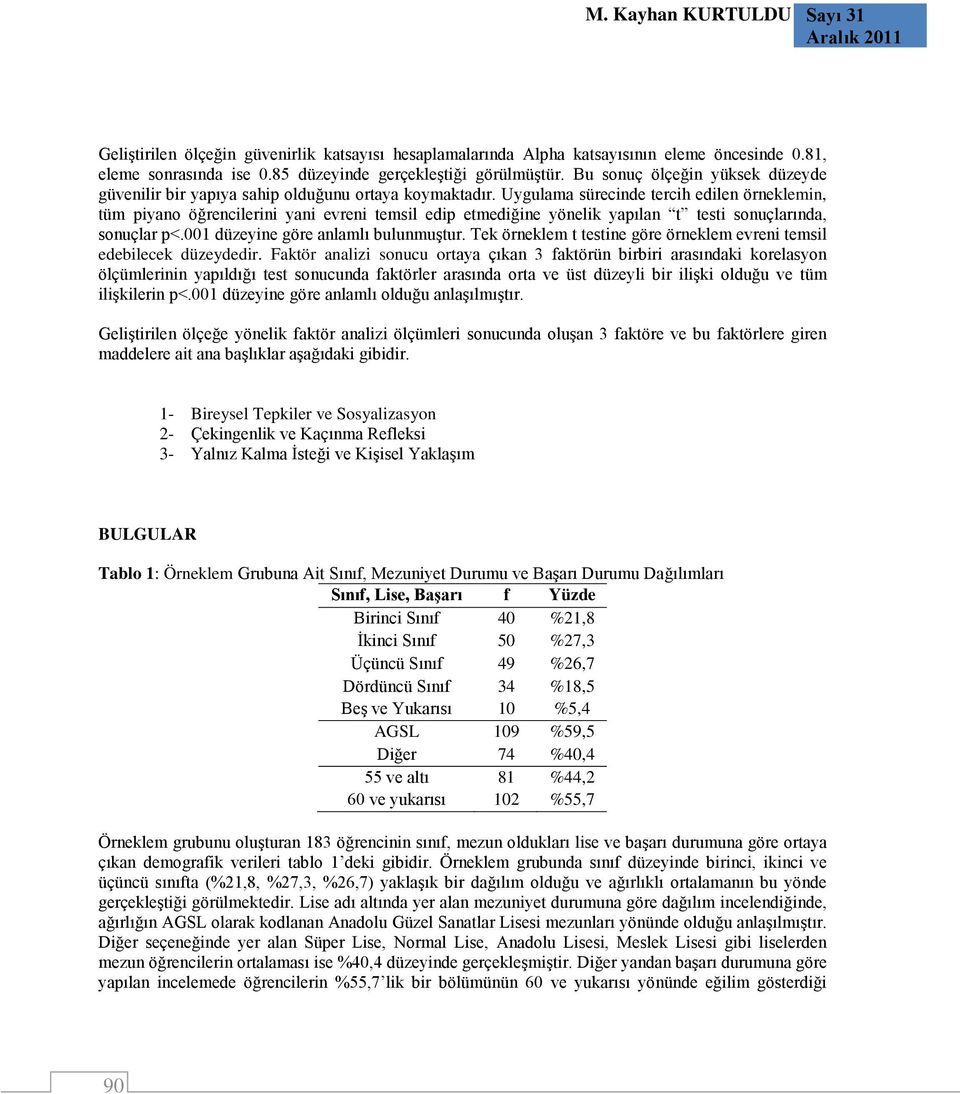 Uygulama sürecinde tercih edilen örneklemin, tüm piyano öğrencilerini yani evreni temsil edip etmediğine yönelik yapılan t testi sonuçlarında, sonuçlar p<.001 düzeyine göre anlamlı bulunmuştur.