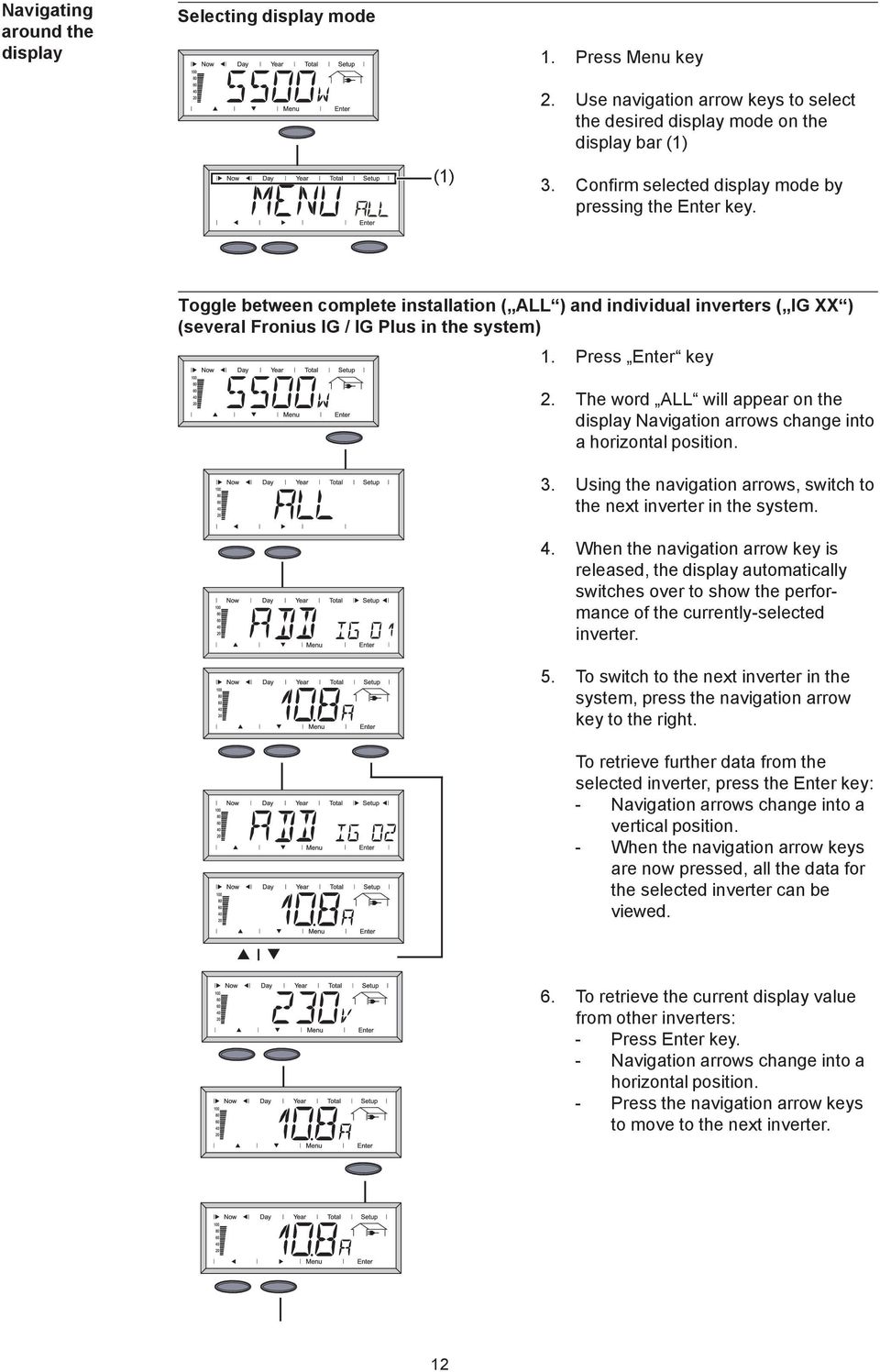 The word ALL will appear on the display Navigation arrows change into a horizontal position. 3. Using the navigation arrows, switch to the next inverter in the system. 4.