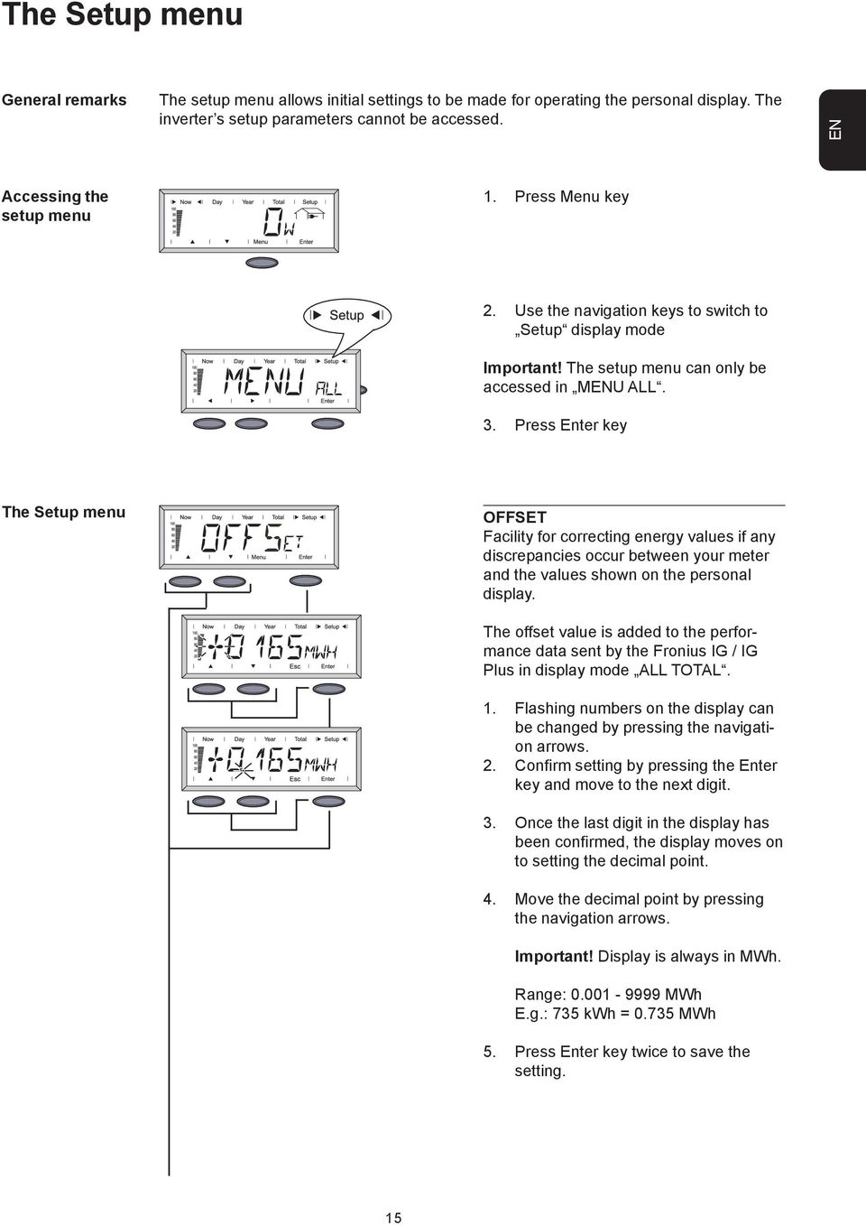 Press key The Setup menu OFFSET Facility for correcting energy values if any discrepancies occur between your meter and the values shown on the personal display.