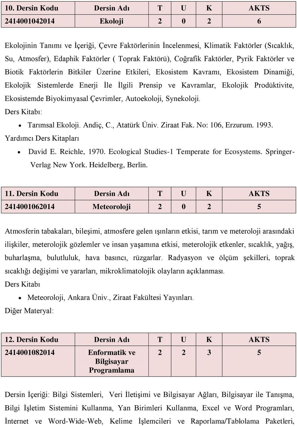 Kavramlar, Ekolojik Prodüktivite, Ekosistemde Biyokimyasal Çevrimler, Autoekoloji, Synekoloji. Tarımsal Ekoloji. Andiç, C., Atatürk Üniv. Ziraat Fak. No: 106, Erzurum. 1993. David E. Reichle, 1970.