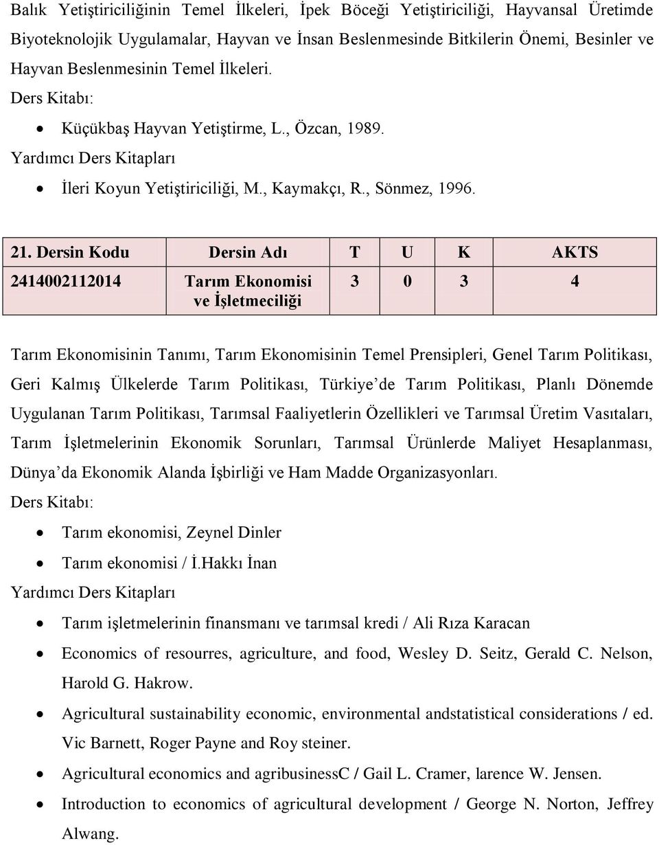 Dersin Kodu Dersin Adı T U K AKTS 2414002112014 Tarım Ekonomisi ve İşletmeciliği 3 0 3 4 Tarım Ekonomisinin Tanımı, Tarım Ekonomisinin Temel Prensipleri, Genel Tarım Politikası, Geri Kalmış Ülkelerde