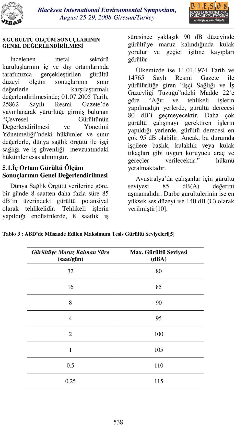 25 Tarih, 25862 Sayılı Resmi Gazete de yayınlanarak yürürlüğe girmiş bulunan Çevresel Gürültünün Değerlendirilmesi ve Yönetimi Yönetmeliği ndeki hükümler ve sınır değerlerle, dünya sağlık örgütü ile