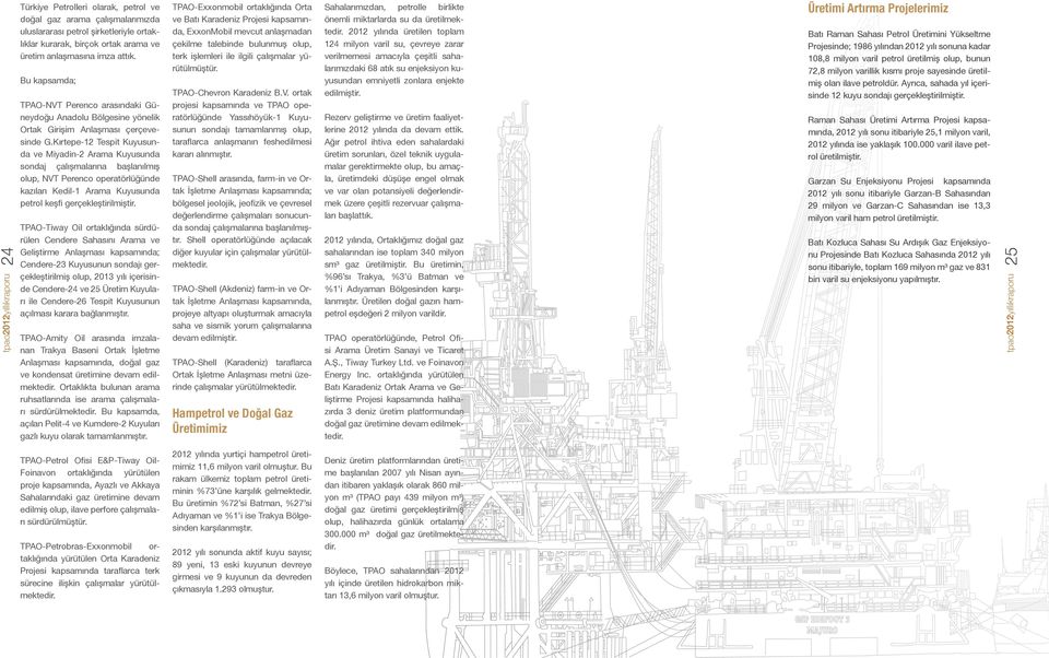 Kırtepe-12 Tespit Kuyusunda ve Miyadin-2 Arama Kuyusunda sondaj çalışmalarına başlanılmış olup, NVT Perenco operatörlüğünde kazılan Kedil-1 Arama Kuyusunda petrol keşfi gerçekleştirilmiştir.