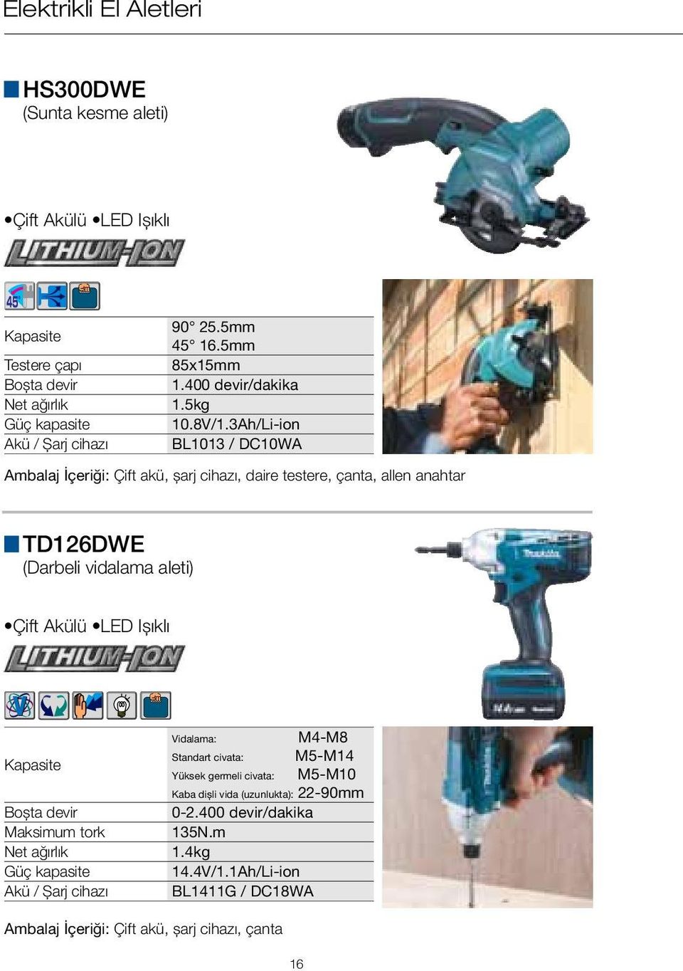 3Ah/Li-ion Akü / Şarj cihazı BL1013 / DC10WA Ambalaj İçeriği: Çift akü, şarj cihazı, daire testere, çanta, allen anahtar TD126DWE (Darbeli vidalama aleti) Çift