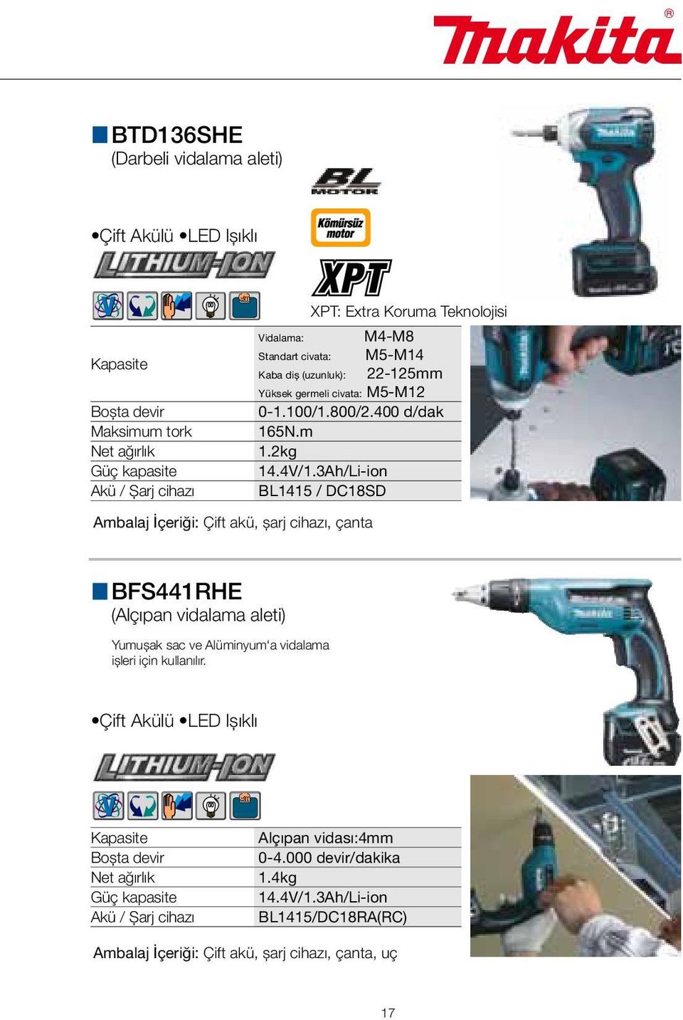 3Ah/Li-ion Akü / Şarj cihazı BL1415 / DC18SD Ambalaj İçeriği: Çift akü, şarj cihazı, çanta BFS441RHE (Alçıpan vidalama aleti) Yumuşak sac ve Alüminyum a vidalama işleri