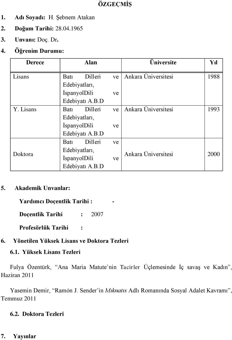 Akademik Unvanlar: Yardımcı Doçentlik Tarihi : - Doçentlik Tarihi : 2007 Profesörlük Tarihi : 6. Yönetilen Yüksek Lisans ve Doktora Tezleri 6.1.