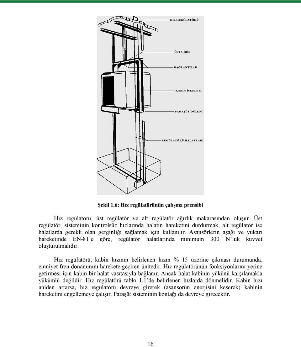 Asansörlerin aģağı ve yukarı hareketinde EN-81 e göre, regülatör halatlarında minimum 300 N luk kuvvet oluģturulmalıdır.