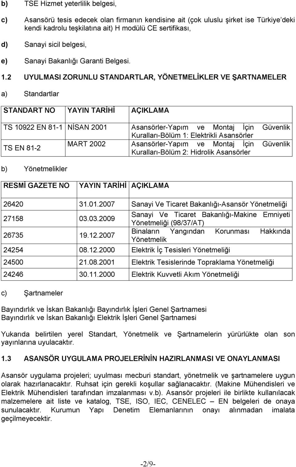 2 UYULMASI ZORUNLU STANDARTLAR, YÖNETMELİKLER VE ŞARTNAMELER a) Standartlar STANDART NO YAYIN TARİHİ AÇIKLAMA TS 10922 EN 81-1 NİSAN 2001 Asansörler-Yapım ve Montaj İçin Güvenlik Kuralları-Bölüm 1: