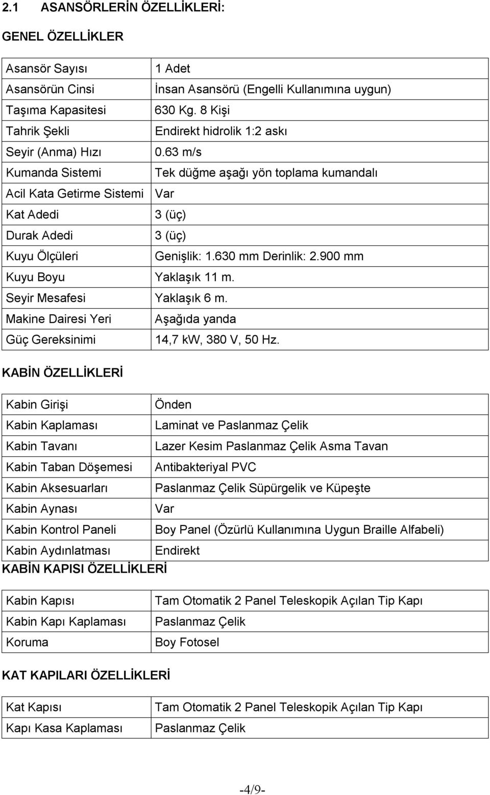 63 m/s Kumanda Sistemi Tek düğme aşağı yön toplama kumandalı Acil Kata Getirme Sistemi Var Kat Adedi 3 (üç) Durak Adedi 3 (üç) Kuyu Ölçüleri Genişlik: 1.630 mm Derinlik: 2.