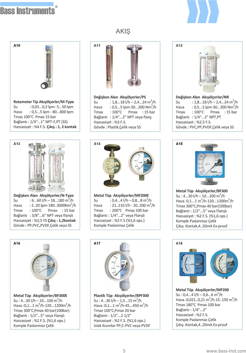 Gövde : Plastik,Çelik veya SS Değişken Alan Akışölçerler/NR Su : 1,8...18 l/h 2,4...24 m 3 /h Hava : 0,5...5 lpm-30...300 Nm 3 /h Tmax : 100 C Pmax : 15 bar Bağlantı : 1/4".