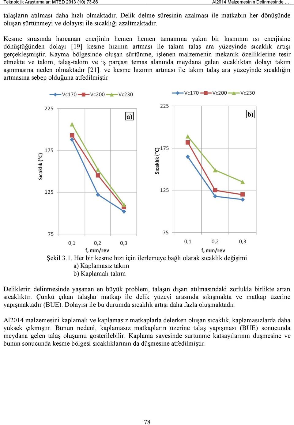 Kesme sırasında harcanan enerjinin hemen hemen tamamına yakın bir kısmının ısı enerjisine dönüştüğünden dolayı [19] kesme hızının artması ile takım talaş ara yüzeyinde sıcaklık artışı gerçekleşmiştir.