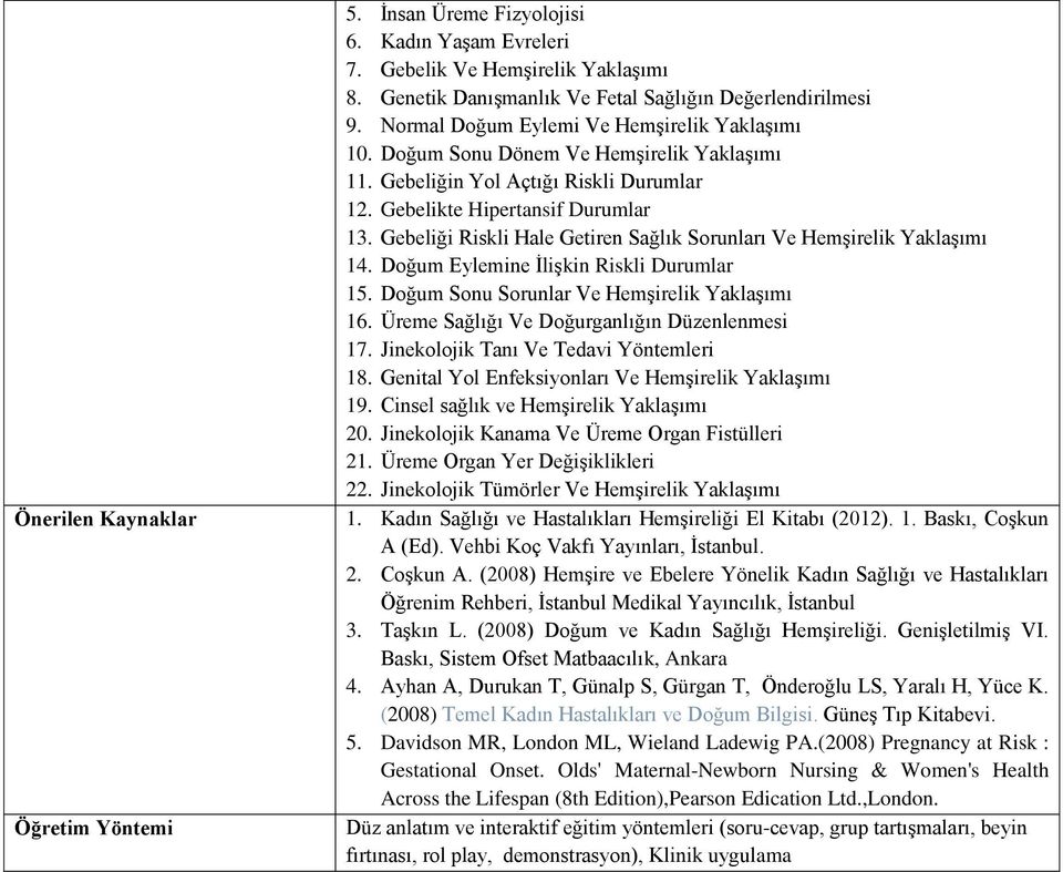Doğum Eylemine İlişkin Riskli Durumlar 15. Doğum Sonu Sorunlar Ve Hemşirelik Yaklaşımı 16. Üreme Sağlığı Ve Doğurganlığın Düzenlenmesi 17. Jinekolojik Tanı Ve Tedavi Yöntemleri 18.