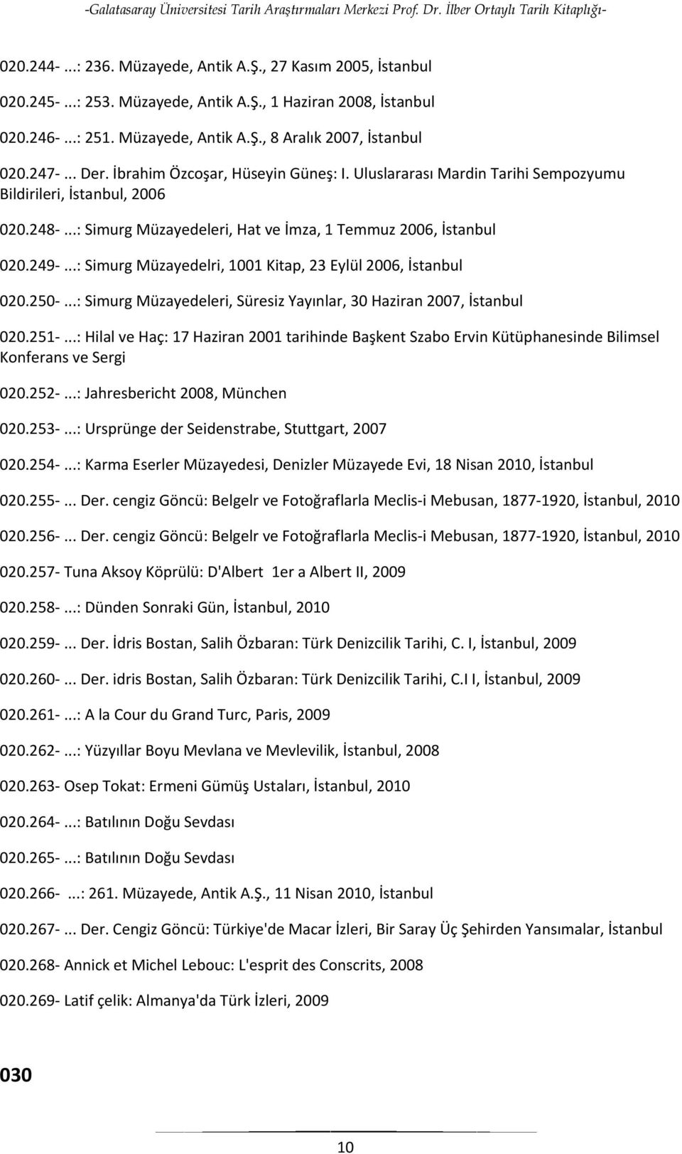 ..: Simurg Müzayedelri, 1001 Kitap, 23 Eylül 2006, İstanbul 020.250-...: Simurg Müzayedeleri, Süresiz Yayınlar, 30 Haziran 2007, İstanbul 020.251-.