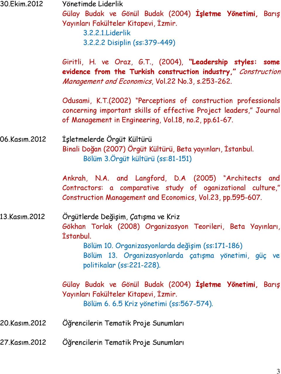 rkish construction industry, Construction Management and Economics, Vol.22 No.3, s.253-262. Odusami, K.T.