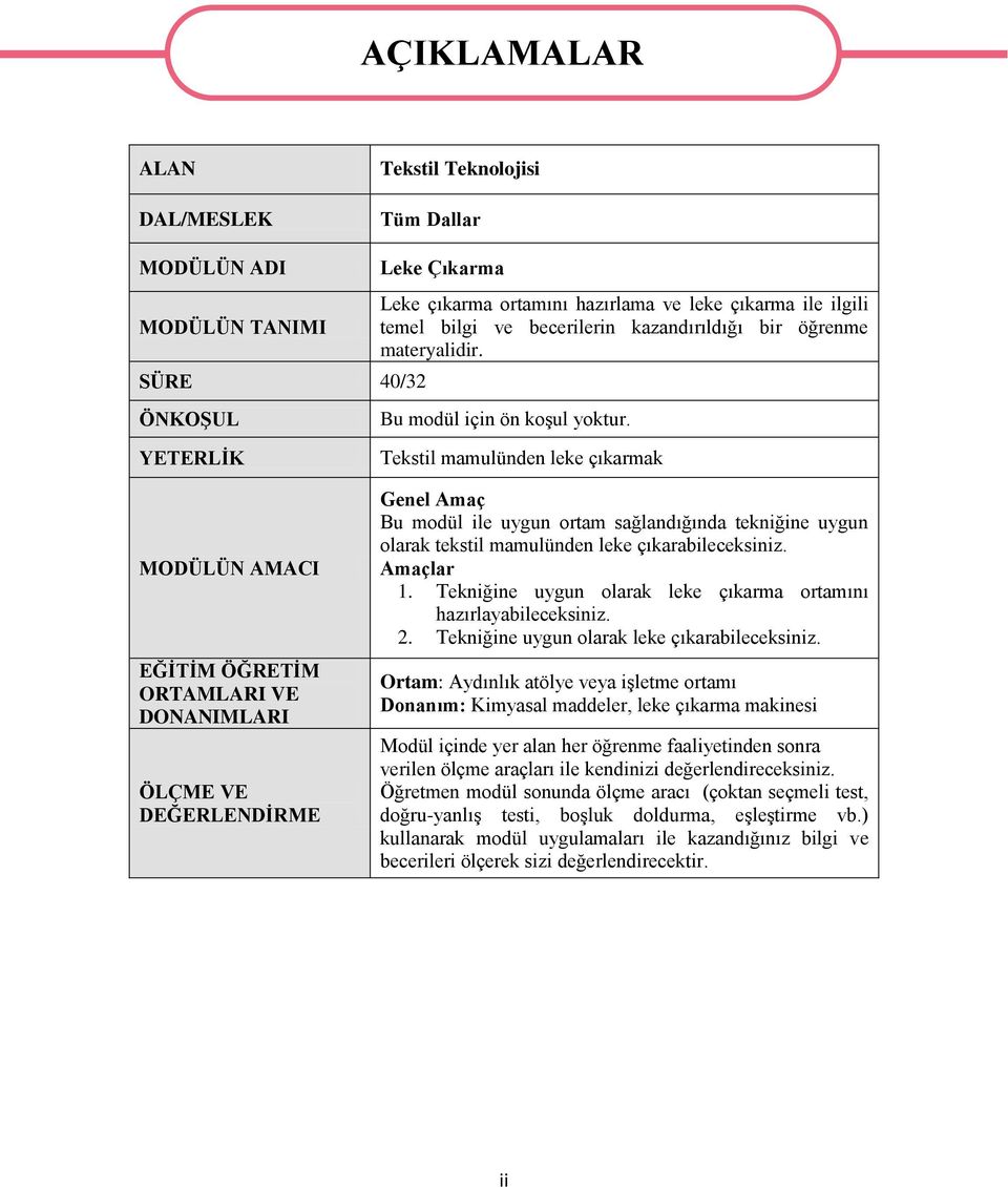 YETERLİK MODÜLÜN AMACI EĞİTİM ÖĞRETİM ORTAMLARI VE DONANIMLARI ÖLÇME VE DEĞERLENDİRME Tekstil mamulünden leke çıkarmak Genel Amaç Bu modül ile uygun ortam sağlandığında tekniğine uygun olarak tekstil