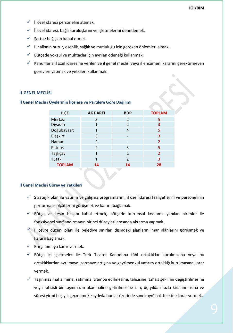 Kanunlarla il özel idaresine verilen ve il genel meclisi veya il encümeni kararını gerektirmeyen görevleri yapmak ve yetkileri kullanmak.