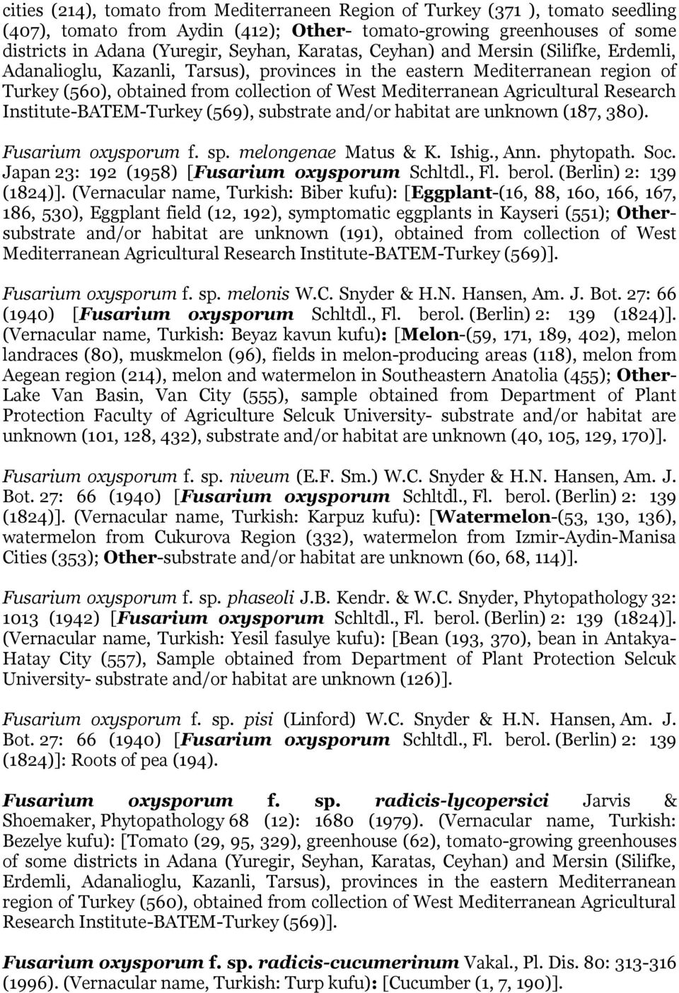 Agricultural Research Institute-BATEM-Turkey (569), substrate and/or habitat are unknown (187, 380). Fusarium oxysporum f. sp. melongenae Matus & K. Ishig., Ann. phytopath. Soc.