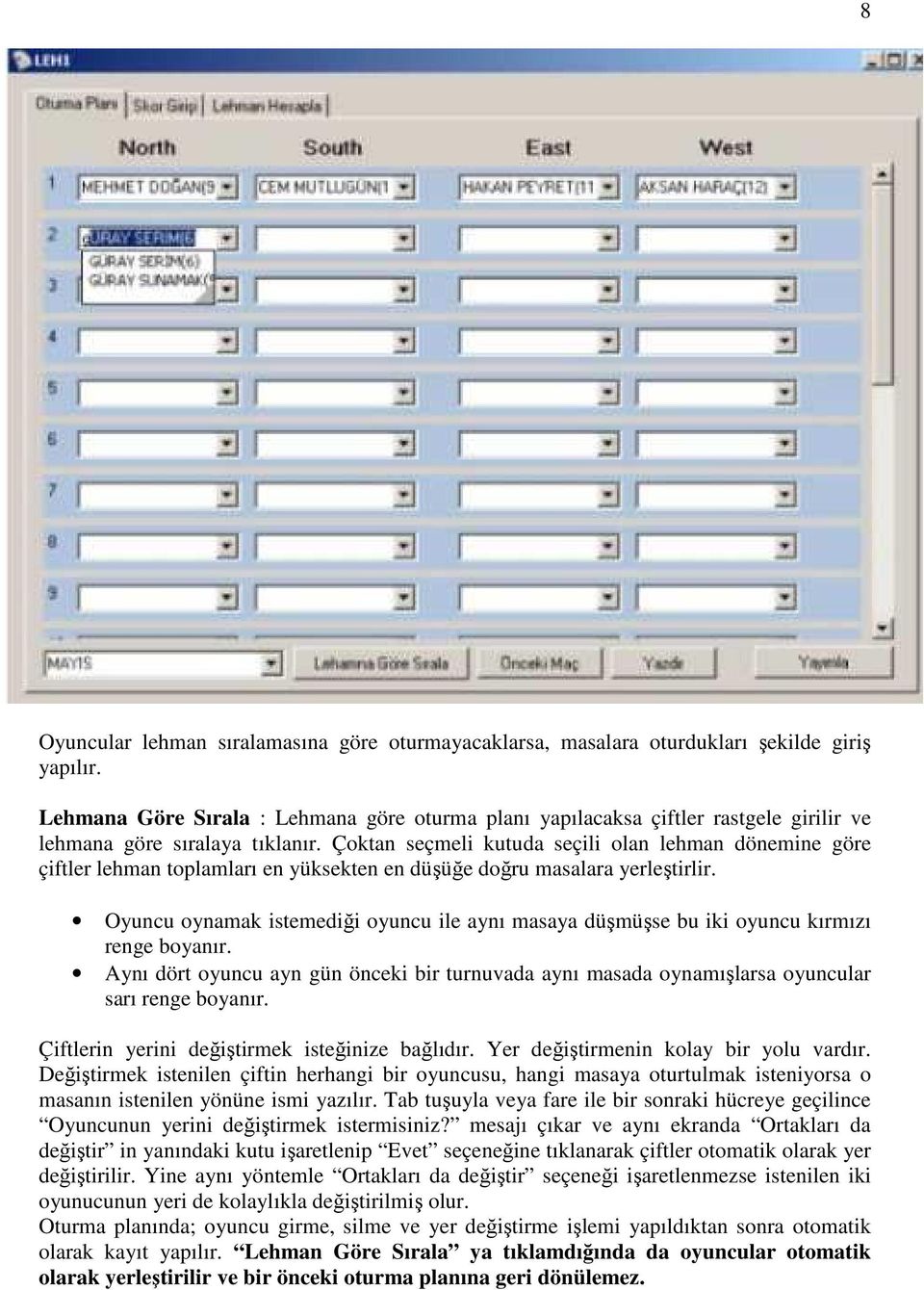 Çoktan seçmeli kutuda seçili olan lehman dönemine göre çiftler lehman toplamları en yüksekten en düşüğe doğru masalara yerleştirlir.