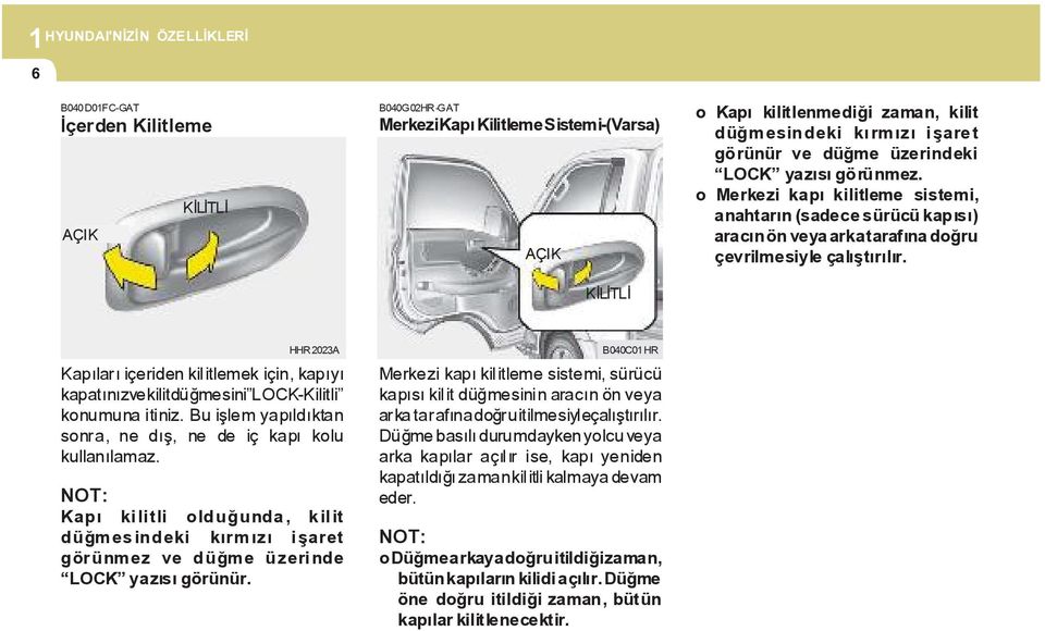 HHR2023A Kapýlarý içeriden kilitlemek için, kapýyý kapatýnýzvekilitdüðmesinilock-kilitli konumuna itiniz. Bu iþlem yapýldýktan sonra, ne dýþ, ne de iç kapý kolu kullanýlamaz.