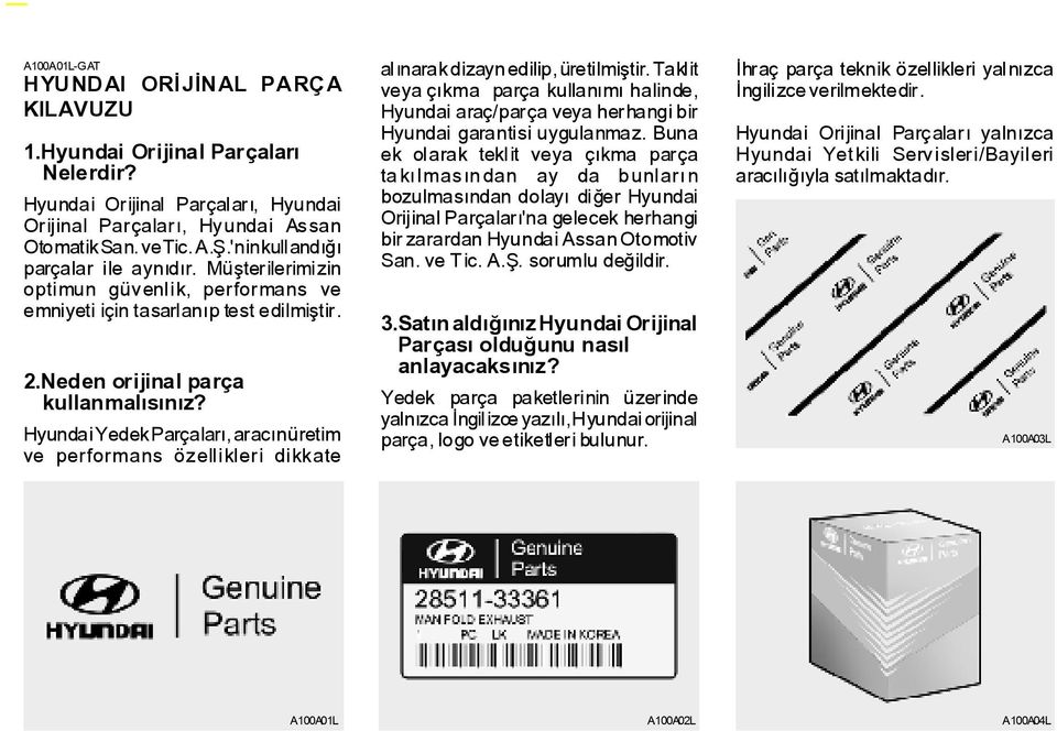 Hyundai Yedek Parçalarý, aracýn üretim ve performans özellikleri dikkate alýnarak dizayn edilip, üretilmiþtir.