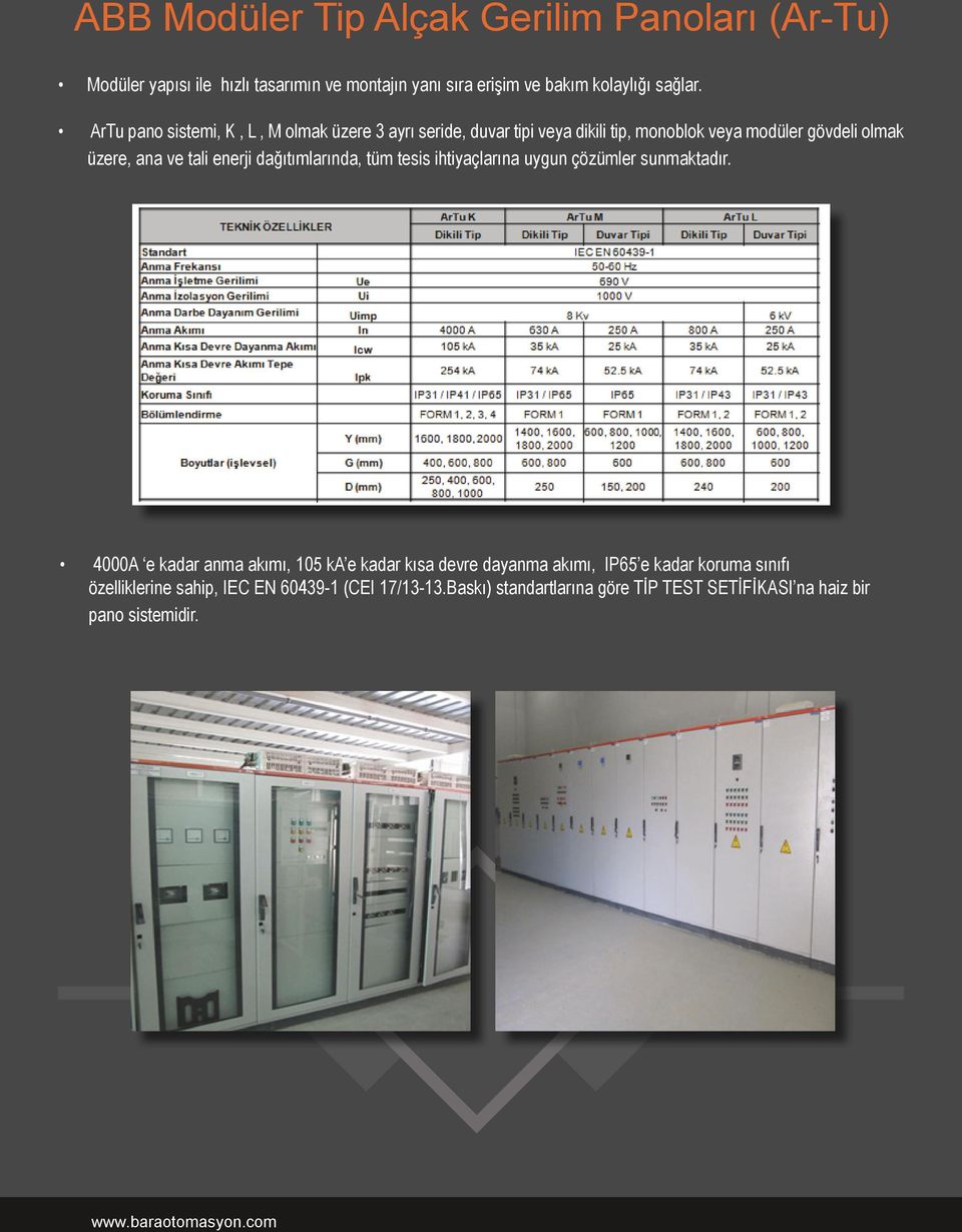 ArTu pano sistemi, K, L, M olmak üzere 3 ayrı seride, duvar tipi veya dikili tip, monoblok veya modüler gövdeli olmak üzere, ana ve tali enerji