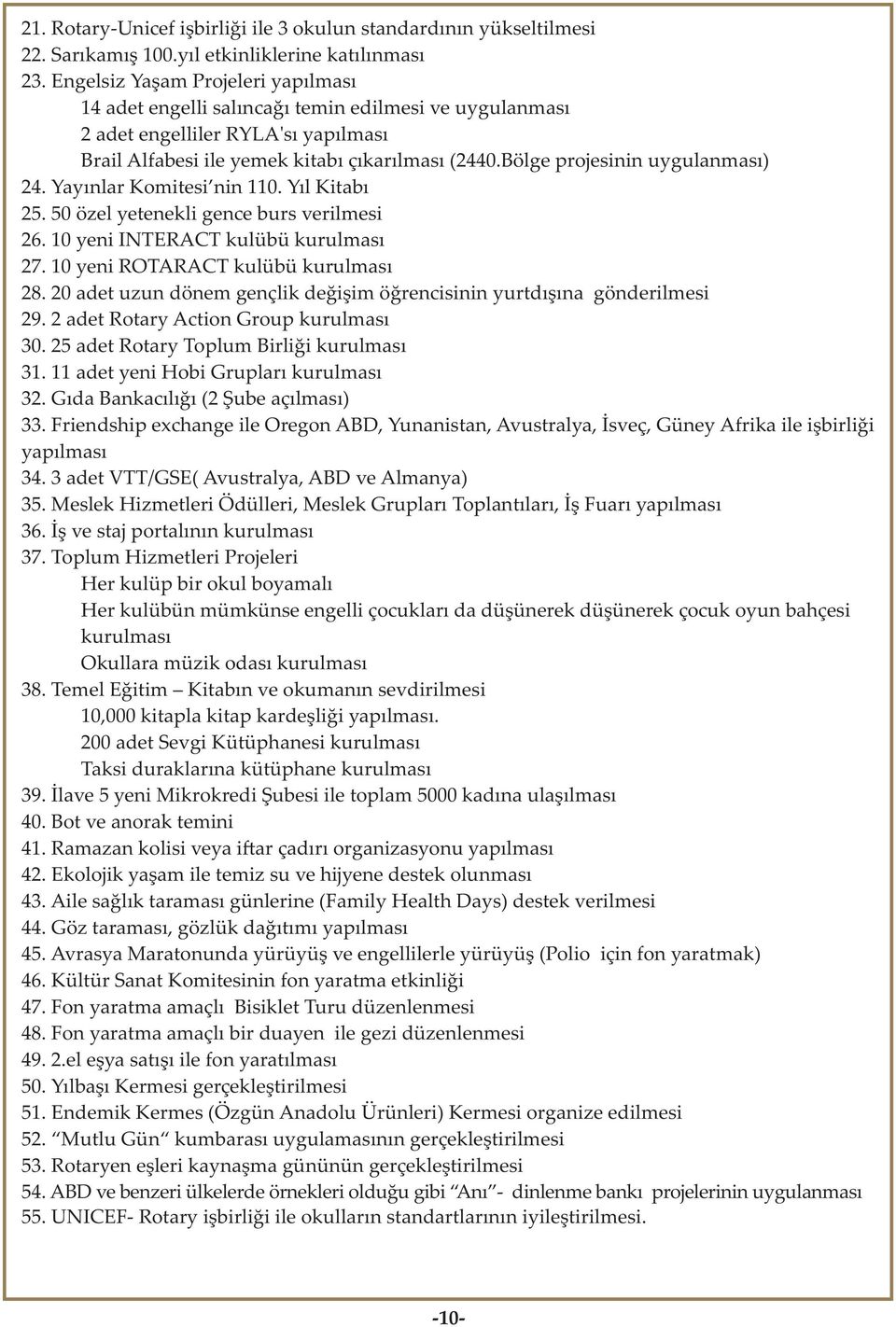 Bölge projesinin uygulanması) 24. Yayınlar Komitesi nin 110. Yıl Kitabı 25. 50 özel yetenekli gence burs verilmesi 26. 10 yeni INTERACT kulübü kurulması 27. 10 yeni ROTARACT kulübü kurulması 28.