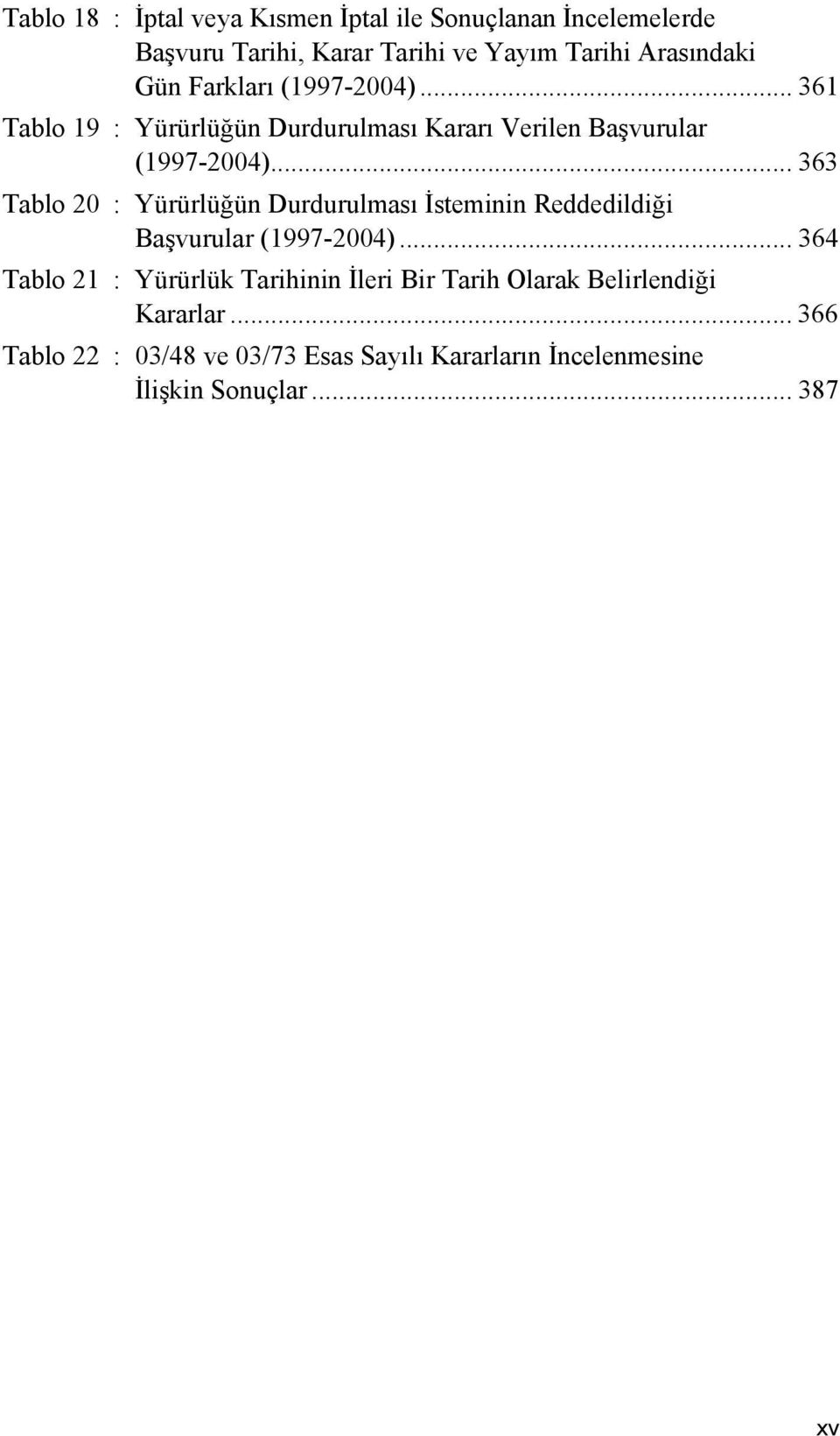 .. 363 Tablo 20 : Yürürlüğün Durdurulması İsteminin Reddedildiği Başvurular (1997-2004).