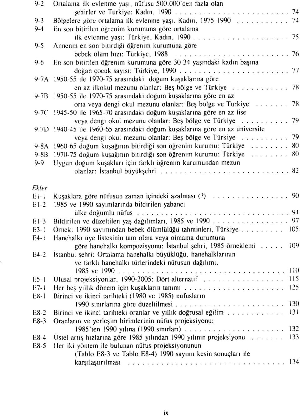 9-6 En son bitirilen öğrenim kurumuna göre 30-34 yaşındaki kadın başına doğan çocuk sayısı: Türkiye, 1990 77 9-7A 1950-55 ile 1970-75 arasındaki doğum kuşaklarına göre en az ilkokul mezunu olanlar: