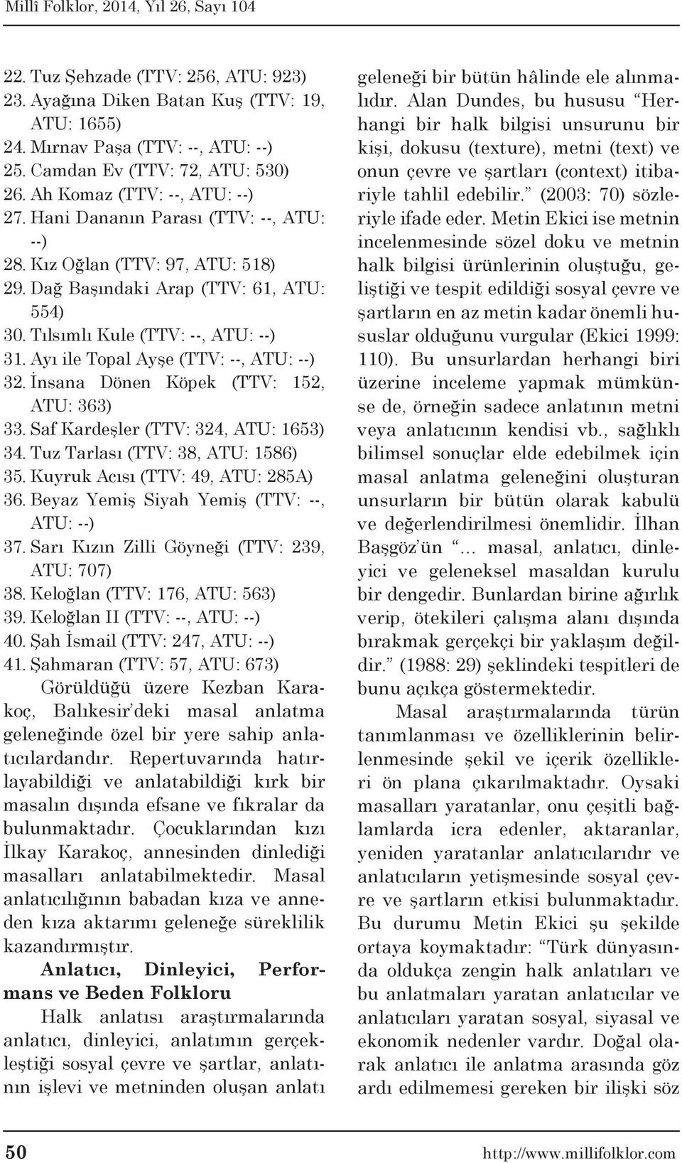 İnsana Dönen Köpek (TTV: 152, ATU: 363) 33. Saf Kardeşler (TTV: 324, ATU: 1653) 34. Tuz Tarlası (TTV: 38, ATU: 1586) 35. Kuyruk Acısı (TTV: 49, ATU: 285A) 36.