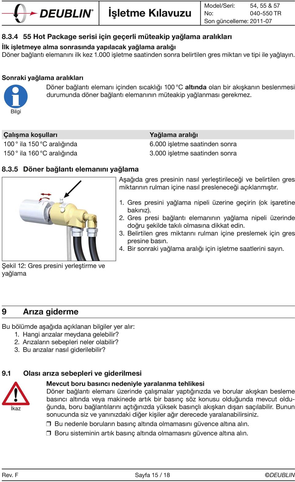 Sonraki yağlama aralıkları Döner bağlantı elemanı içinden sıcaklığı 100 C altında olan bir akışkanın beslenmesi durumunda döner bağlantı elemanının müteakip yağlanması gerekmez.