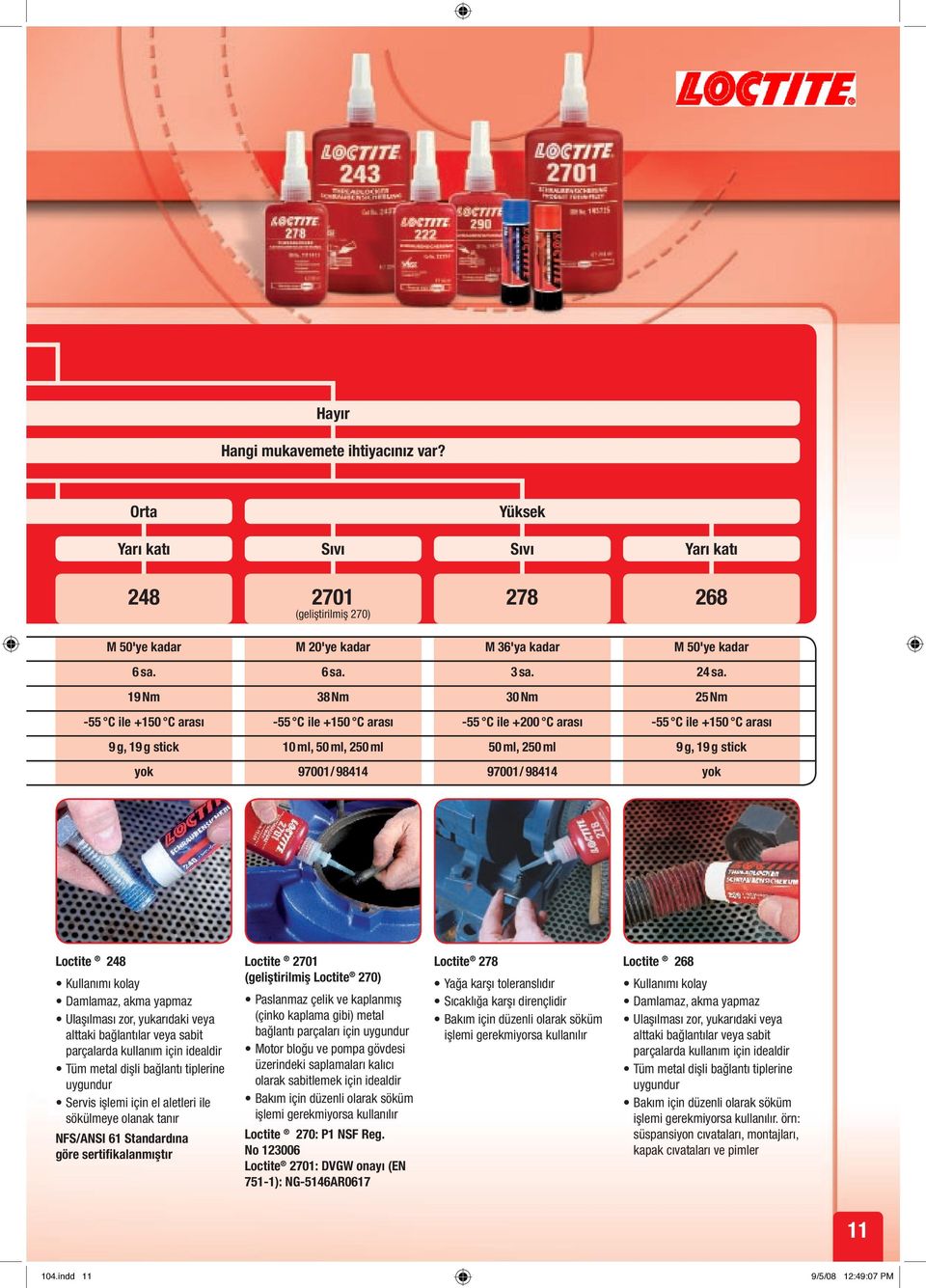 97001/ 98414 yok Loctite 248 Kullanımı kolay Damlamaz, akma yapmaz Ulaşılması zor, yukarıdaki veya alttaki bağlantılar veya sabit parçalarda kullanım için idealdir Tüm metal dişli bağlantı tiplerine