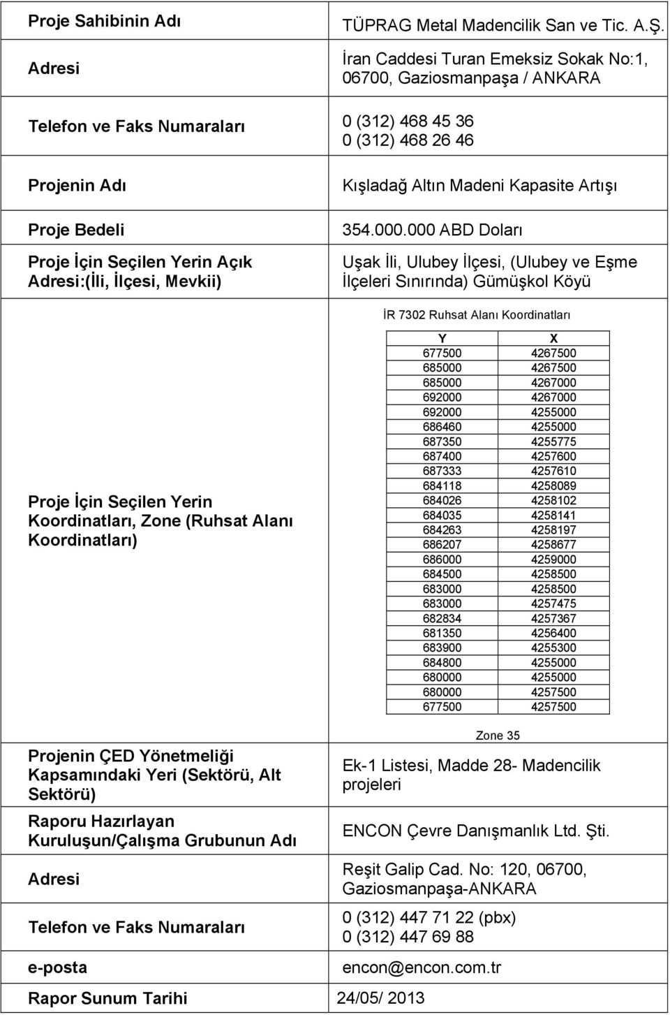 Adresi:(İli, İlçesi, Mevkii) Kışladağ Altın Madeni Kapasite Artışı 354.000.