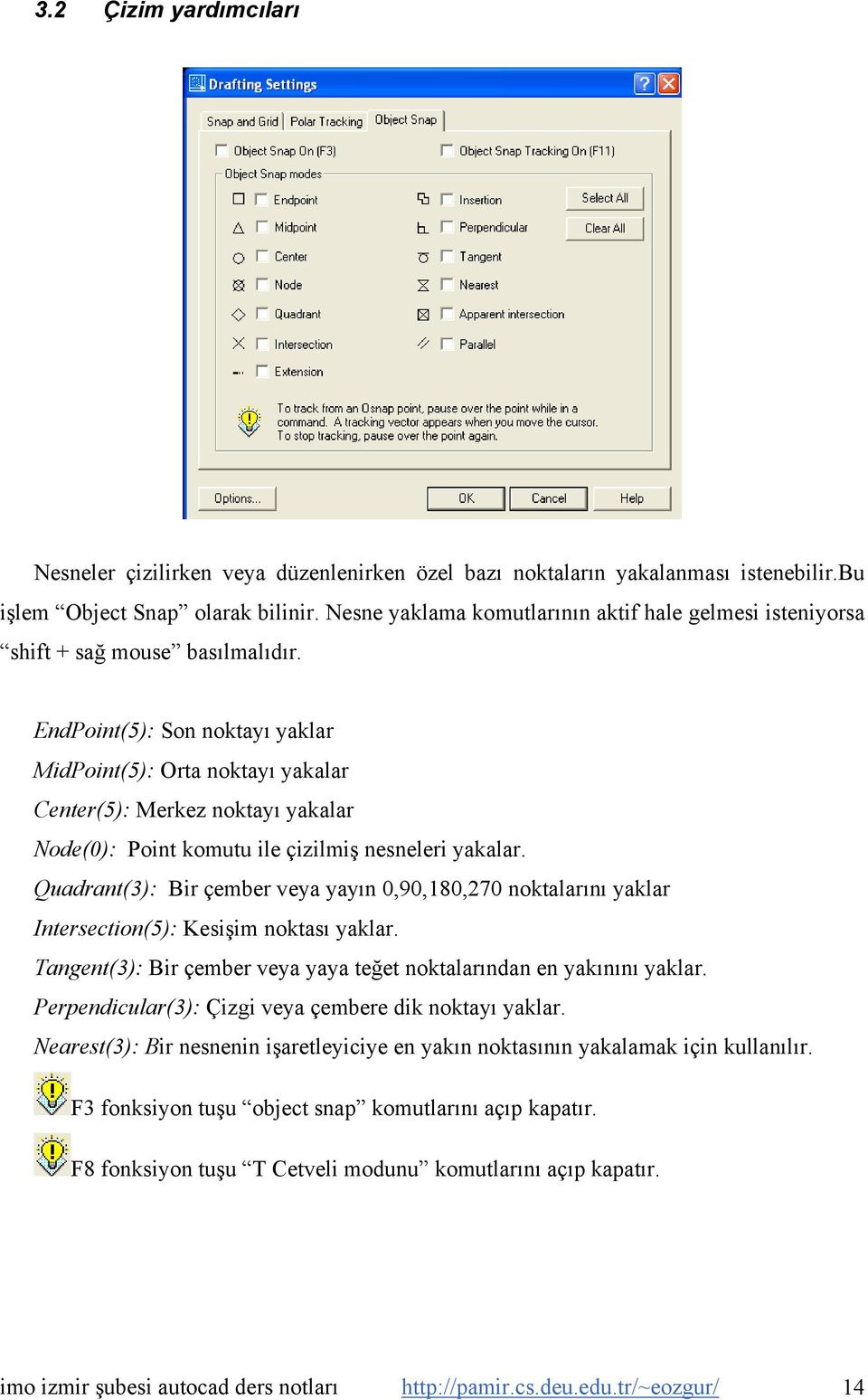 EndPoint(5): Son noktayı yaklar MidPoint(5): Orta noktayı yakalar Center(5): Merkez noktayı yakalar Node(0): Point komutu ile çizilmiş nesneleri yakalar.