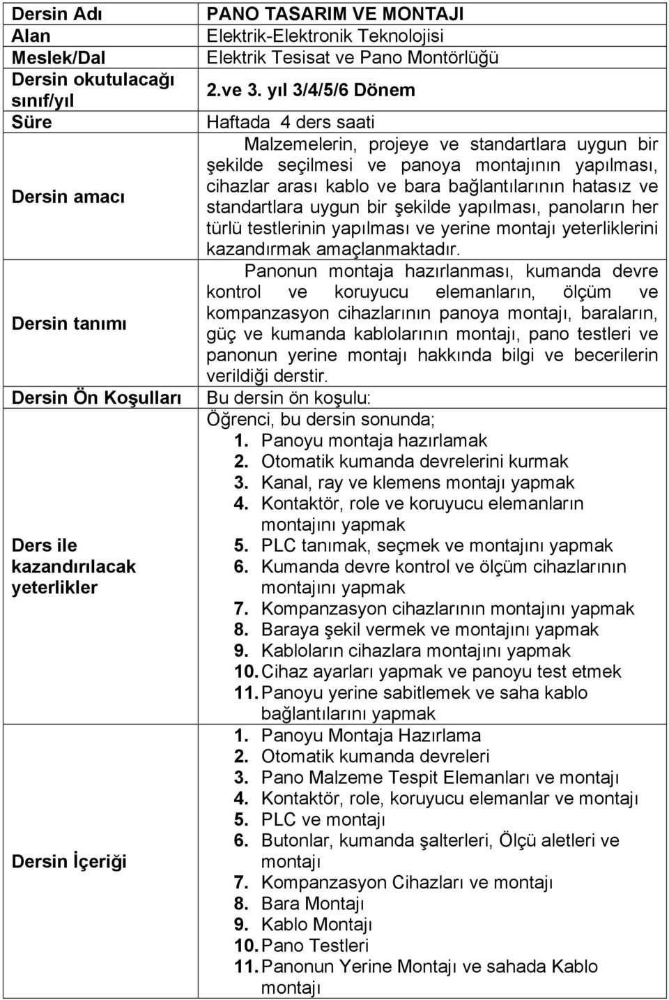 yıl 3/4/5/6 Dönem Haftada 4 ders saati Malzemelerin, projeye ve standartlara uygun bir şekilde seçilmesi ve panoya montajının yapılması, cihazlar arası kablo ve bara bağlantılarının hatasız ve