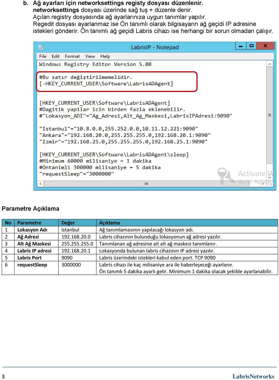 Parametre Açıklama No Parametre Değer Açıklama 1 Lokasyon Adı Istanbul Ağ tanımlamasının yapılacağı lokasyon adı. 2 Ağ Adresi 192.168.20.0 Labris cihazının bulunduğu lokasyonun ağ adresi yazılır.