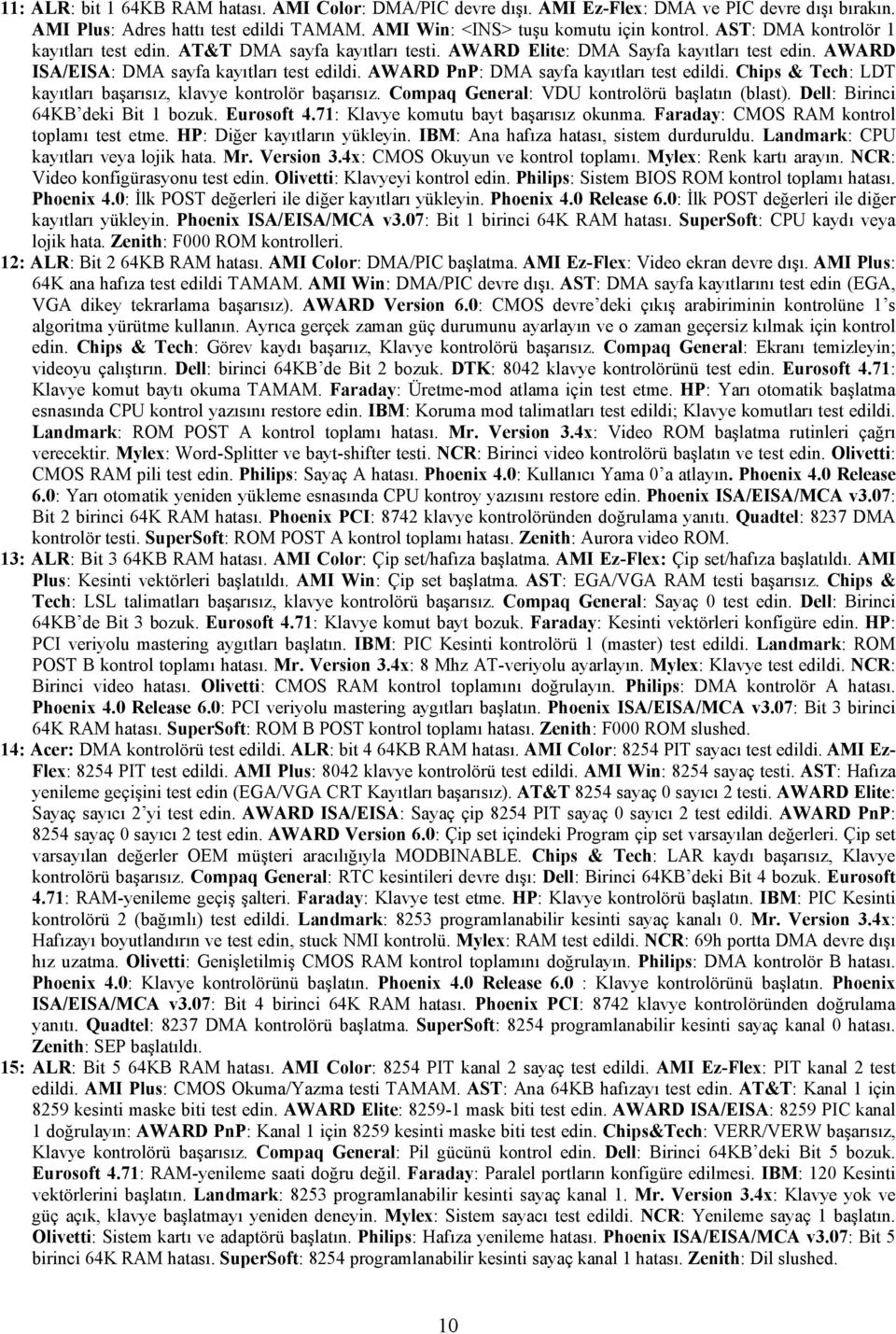 AWARD PnP: DMA sayfa kayıtları test edildi. Chips & Tech: LDT kayıtları başarısız, klavye kontrolör başarısız. Compaq General: VDU kontrolörü başlatın (blast). Dell: Birinci 64KB deki Bit 1 bozuk.