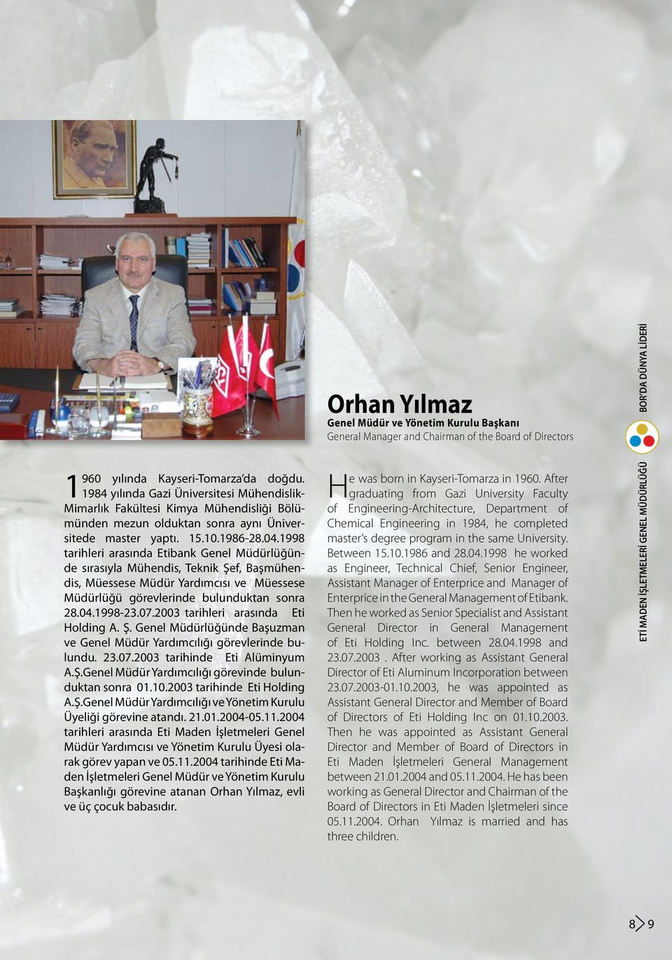 2003 tarihleri arasında Eti Holding A. Ş. Genel Müdürlüğünde Başuzman ve Genel Müdür Yardımcılığı görevlerinde bulundu. 23.07.2003 tarihinde Eti Alüminyum A.Ş.Genel Müdür Yardımcılığı görevinde bulunduktan sonra 01.